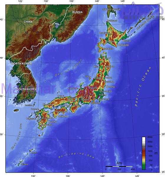 نقشه توپوگرافی از کشور ژاپن