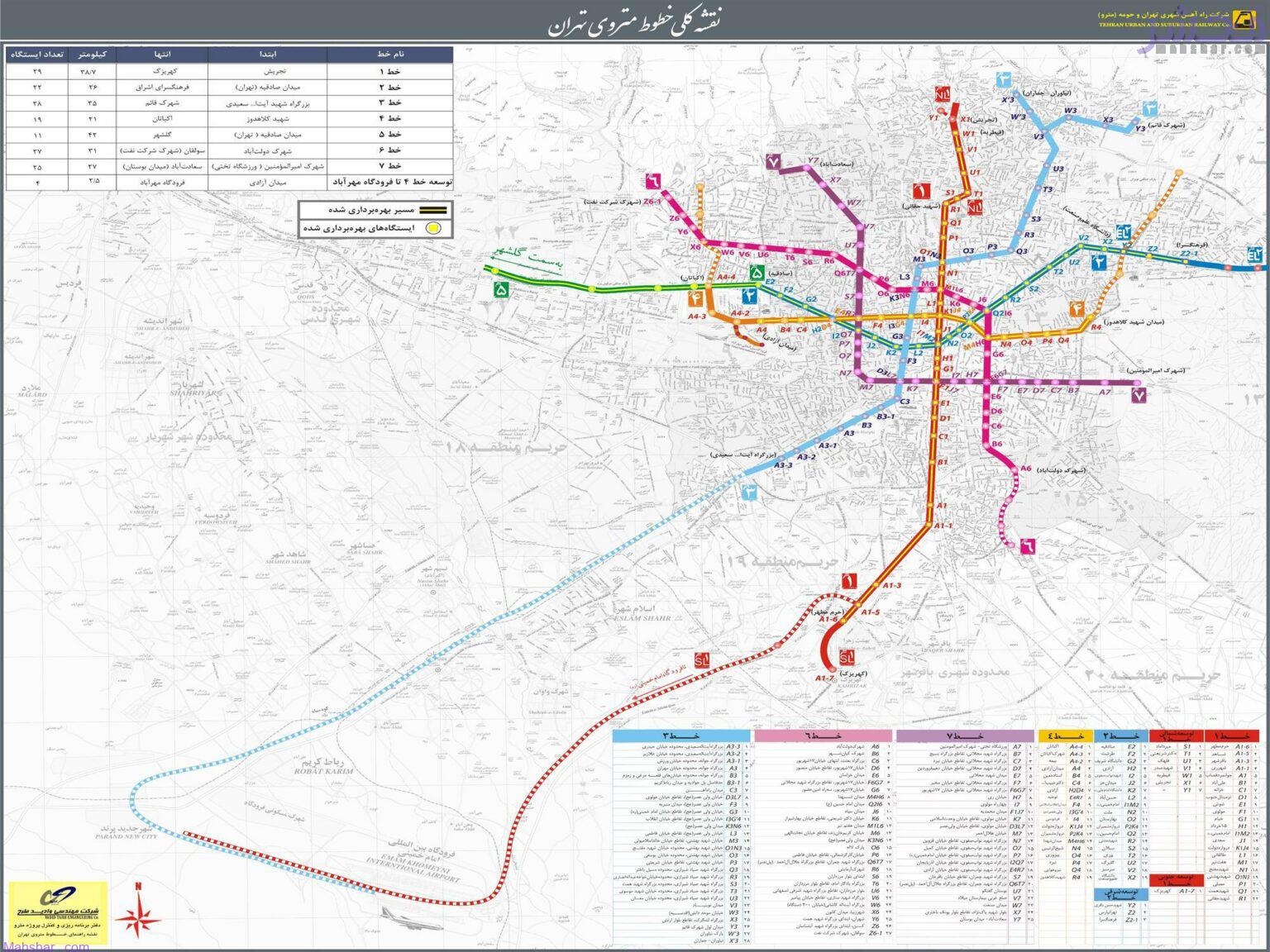 نقشه تهران با مترو ، خطوط مترو تهران روی نقشه تهران